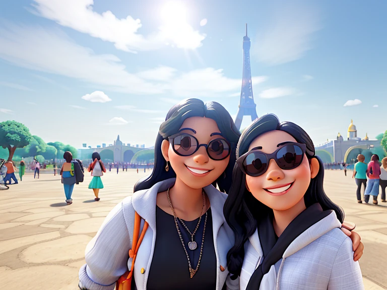 Mother (black hair and sunglasses) e filha (light hair and sunglasses) felizes e sorrindo, com a torre Eiffel de fundo, no estilo Disney Pixar, with vibrant colors and focus on expressions, alta qualidade, melhor qualidade.