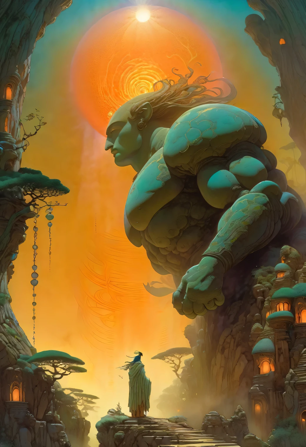 (best quality,4k,8k,highres,masterpiece:1.2),ultra-detailed,(realistic,photorealistic,photo-realistic:1.37),golem, made of marble, alchemy, hermeticism,ancient,weathered stone,meticulously carved,tangled vines,dark forest,small magical creatures,kodama, small forest spirits,dappled sunlight,shadows and light,subtle gradients,rich earthy colors,concept art inspired by Jean Giraud Moebius,ethereal glow,elaborate inscriptions,symbols of mystery and alchemy,mystical fog,solemn expression,eyes glowing with orange light,steampunk accents,gear-shaped designs,magic emanating from its core,protective guardian,imposing stature,ominous aura,secrets of the universe,harnessing the power of nature,ancient wisdom emerging from nature's embrace,transcendence of life and death,magical aura radiating from within., Yoshitaka Amano style