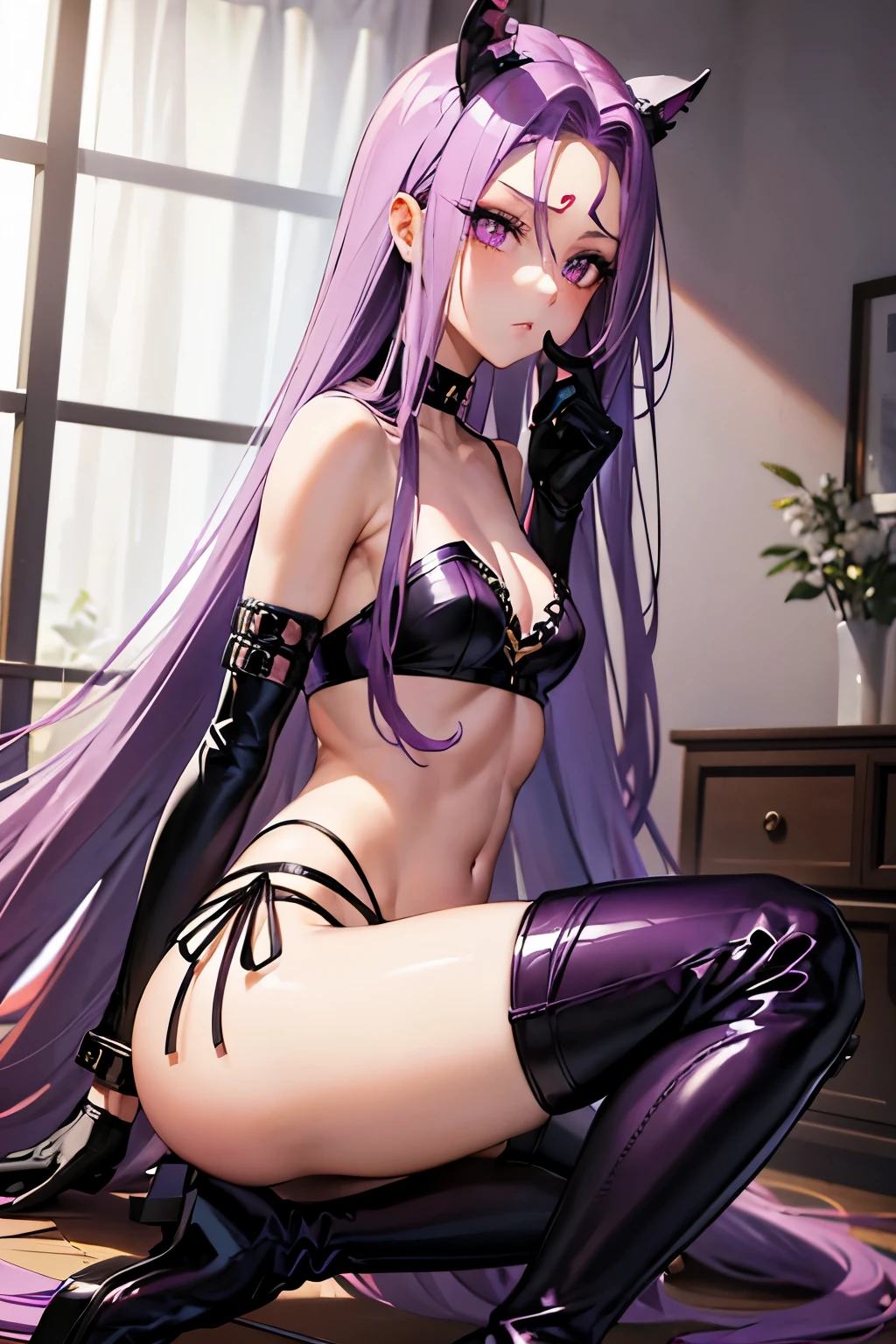 Medusa、fate、Purple Hair、Long Hair、((Thigh-high boots))、Photo from below、Medium chest、Bedroom、Black Bra、Black Panties、((Long gloves))、Kneeling