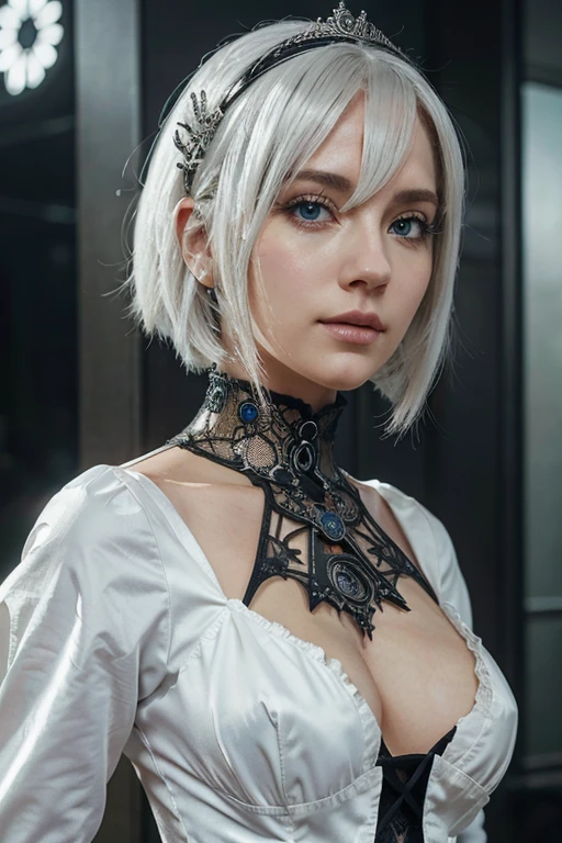 White hair, um close de uma pessoa com cabelo curto e uma tiara, 2b, 2b, Nier 2b, 2b Nier automata, ciborgue - garota com cabelo prateado, cabelo prateado, Nier autoamata, Nier, garota de cabelo prateado, com cabelo branco curto, com rosto muito detalhado, cabelos prateados, Nier : inspired automatons, Surrealism, 8k, super detail, blue crystal eyes, being seen from behind (fully dressed)
