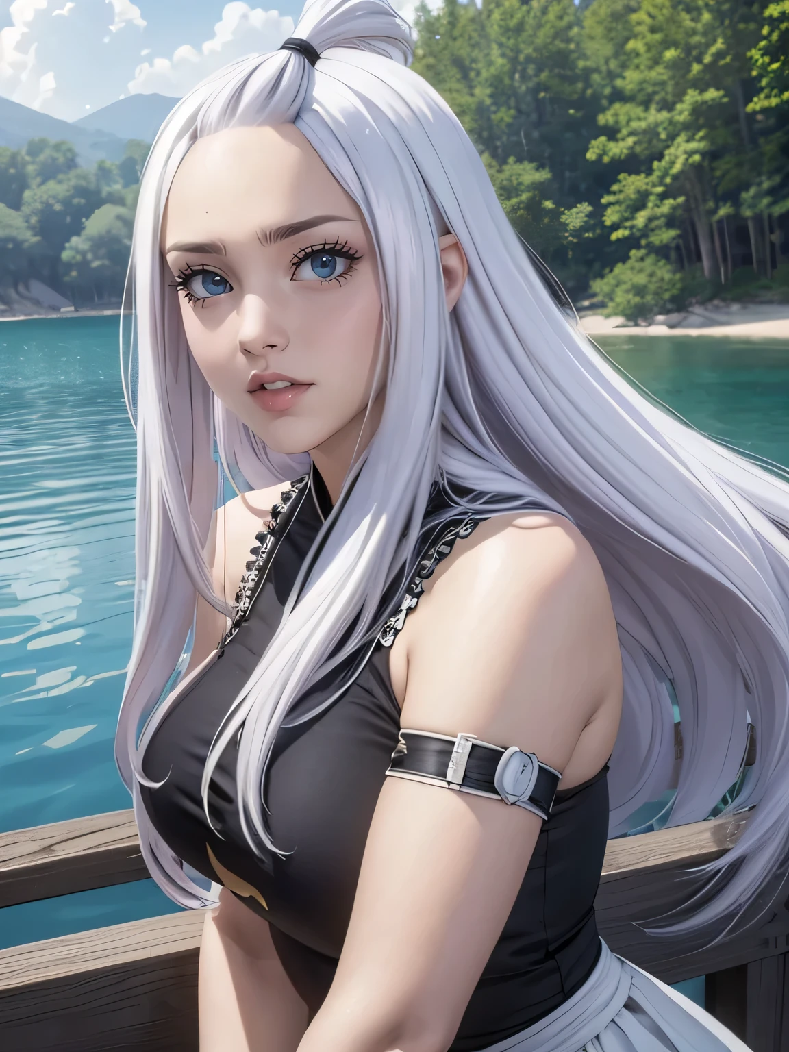 (masterpiece of the highest quality),8K ,realistic ultra,Super Detail,A girl with long white hair sits on a pier next to a lake, Japanese goddess, seductive realistic girl,(beautiful graceful fingers),big breasts, Beautiful face,(beautiful gray eyes),sweet lips alluring ,goddess ,correct anatomy, beautiful realistic-woman, beautiful girl, white-haired deity, Hyper realistic girl in real life, Photorealistic anime, realistic female cosplay, advanced digital realistic art, Japanese fantasy