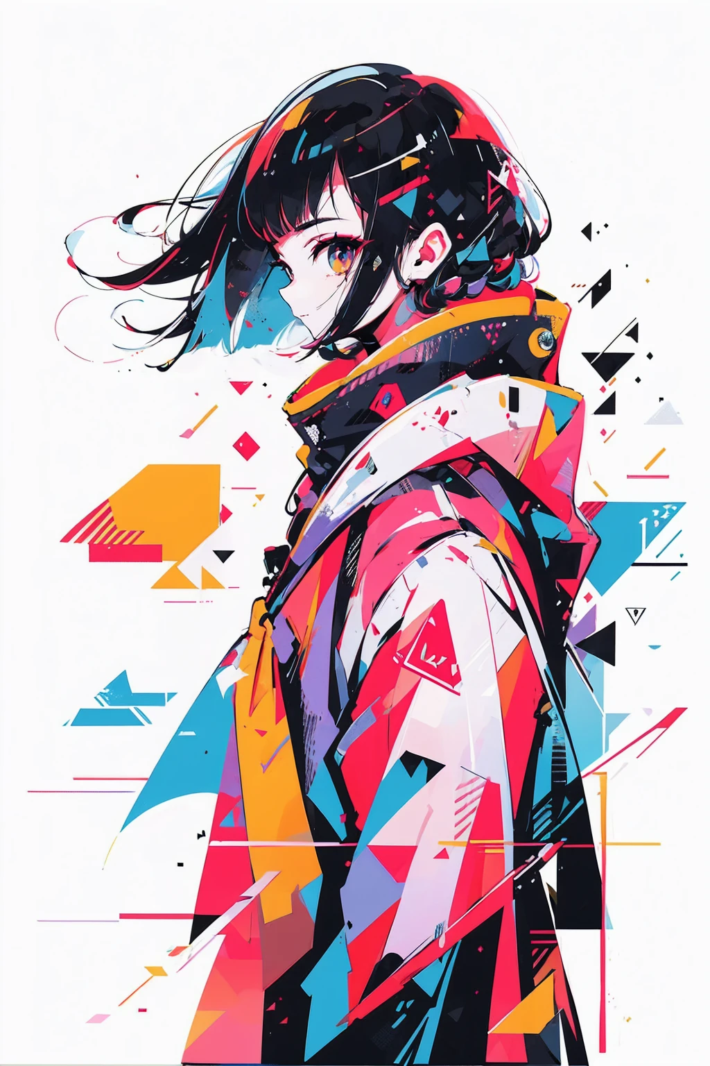 mulher de cabelos pretos estilo cyberpunk, cidade de fundo de noite, rabo de cavalo baixo, flor de cabelo, olhos tracejados, sorriso nervoso, action painting, cinematic lighting, brilhar, Anatomicamente Correto, obra de arte, alta qualidade, detalhes altos, melhor qualidade