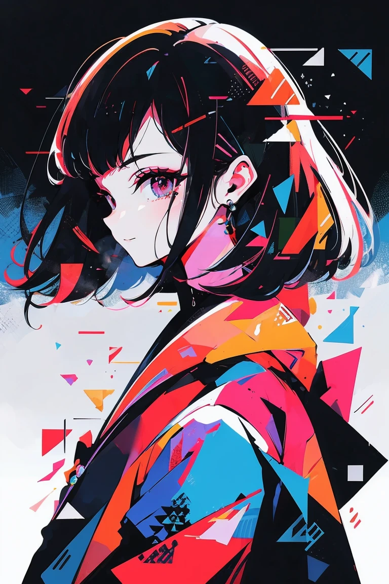 mulher de cabelos pretos estilo cyberpunk, cidade de fundo de noite, rabo de cavalo baixo, flor de cabelo, olhos tracejados, sorriso nervoso, action painting, cinematic lighting, brilhar, Anatomicamente Correto, obra de arte, alta qualidade, detalhes altos, melhor qualidade