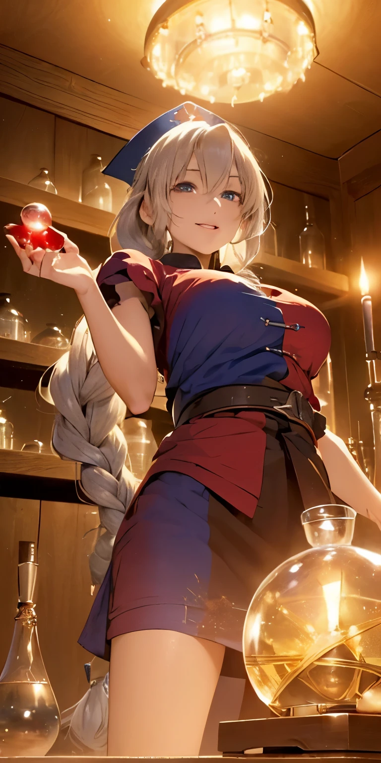 (masterpiece, best quality:1.3), (from below:1.3), Yagokoro Eirin, Touhou Series, perfect face, expressive eyes, 1woman, looking at viewer, 38 years old, gorgeous body, big breast, beautiful, anime, lora,1woman, silver hair, braid hair, nurse cap, red and blue clothes, long skirt, (evil look, looks down on viewer:1.5), (cinematic lighting, realistic, dream-like, enchanting atmosphere:1.3), (photo of a woman in her dark and mysterious environment:1.3), (the woman surrounded by an aura of mystery and intrigue:1.3), (a dark and mysterious laboratory decorated with many flasks, each filled with colorful liquids:2.0), (a table before Eirin decorated with flask, spread out in mysterious shapes:2.0), (she is full of joy in making new discoveries:1.5), (a crystal ball nearby, adding to the mystical setting:1.3), (a hint of incense in the air, adding to the sensory experience:1.3),