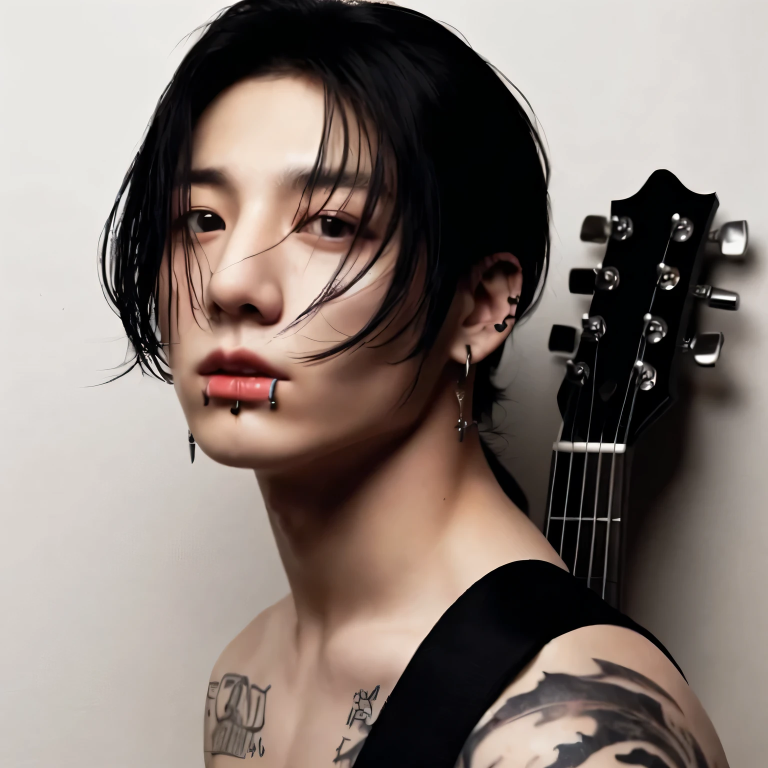 Inspirado en Jungkook de BTS, pelinegro con tatuajes y piercings, adorable cara coreana