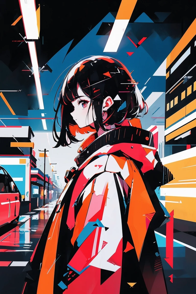 mulher de cabelos pretos estilo cyberpunk, cidade de fundo de noite, rabo de cavalo baixo, flor de cabelo, olhos tracejados, sorriso nervoso, action painting, cinematic lighting, brilhar, Anatomicamente Correto, obra de arte, alta qualidade, detalhes altos, melhor qualidade