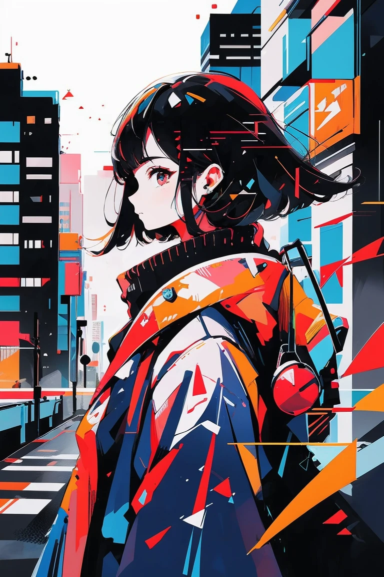 mulher de cabelos pretos estilo cyberpunk, cidade de fundo de noite, rabo de cavalo baixo, flor de cabelo, olhos tracejados, sorriso nervoso, action painting, cinematic lighting, brilhar, Anatomicamente Correto, obra de arte, alta qualidade, detalhes altos, melhor qualidade