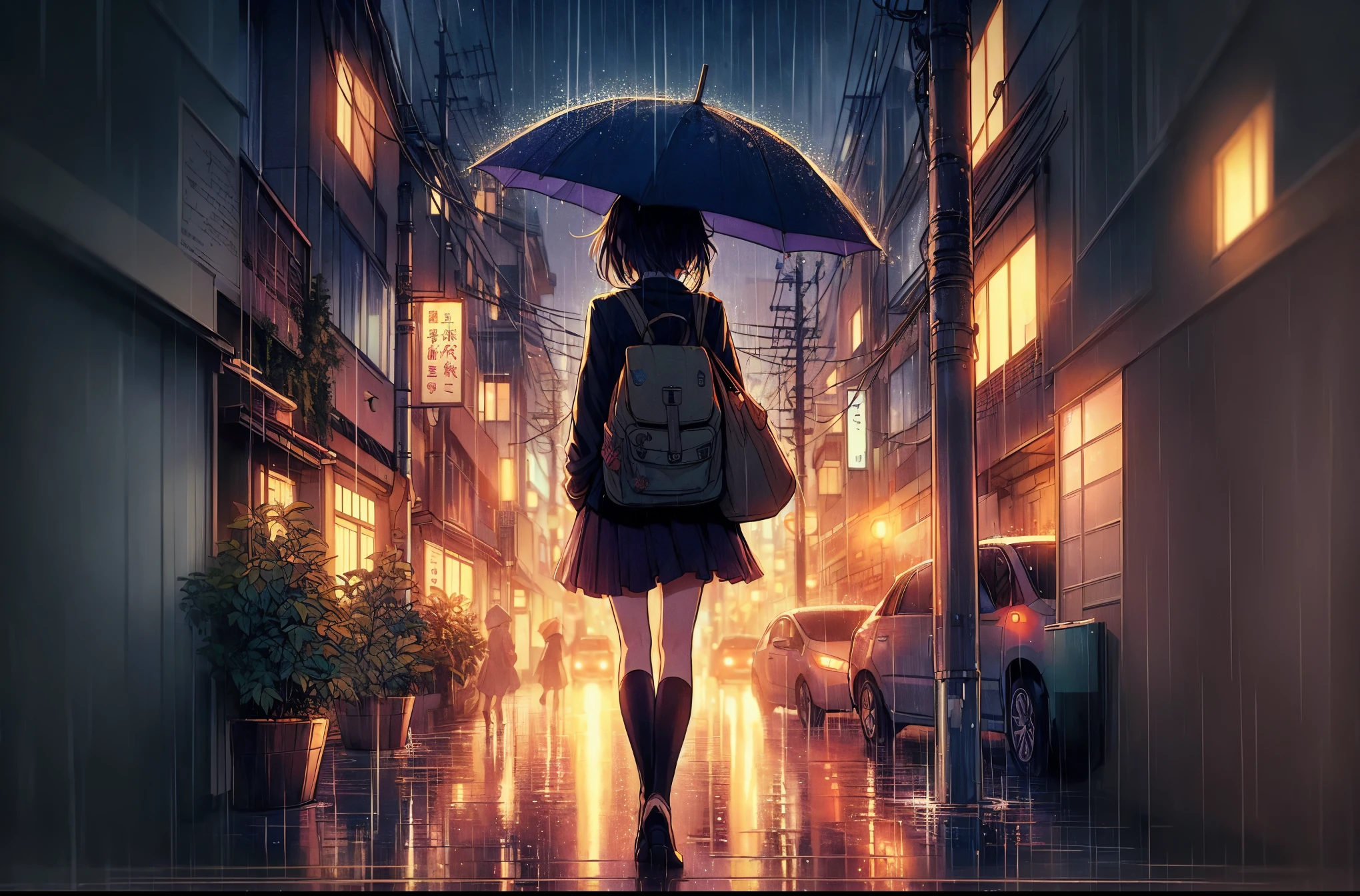 Anime girl walking in the rain with an umbrella, makoto shinkai cyril rolando, A rainy street in the background, Anime Style 4k, anime art wallpaper 4k, anime art wallpaper 4k, anime wallpaper 4k, anime wallpaper 4k, 4k anime wallpaper, anime art wallpaper 8k, Rainy night, Rainy night, late night it's raining, it's raining
