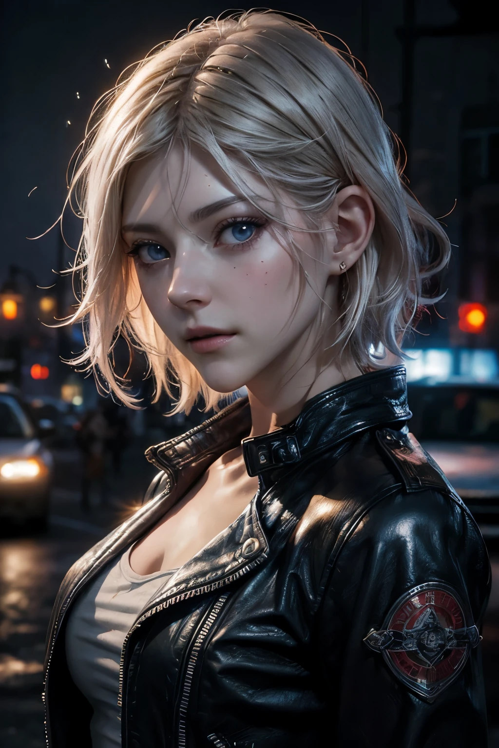 blonde short hair, vibrant blue eyes, white pale skin, ((Katheryn Winnick)), portrait, full leather clothes, biker clothes, thin nose, thin chin, dark night scene, motorclub, High detail RAW colored art, (detailed skin, skin texture), (muscle), intricate details, fine details, hyperdetailed, ray tracing, subsurface scattering, diffuse soft lighting, red and blue spotlight, by Jeremy Mann, Greg Manchess, Antonio Moro, trend at ArtStation, trend at CGSociety, Intricate, High Detail, Sharp focus, dramatic and photorealistic painting art by midjourney, bokeh in the background, motorclub jacket, best quality, masterpiece, only 1girl, close up portrait, night dark ambient, look at the viewer, leather jacket, leather clothes, night road, 
