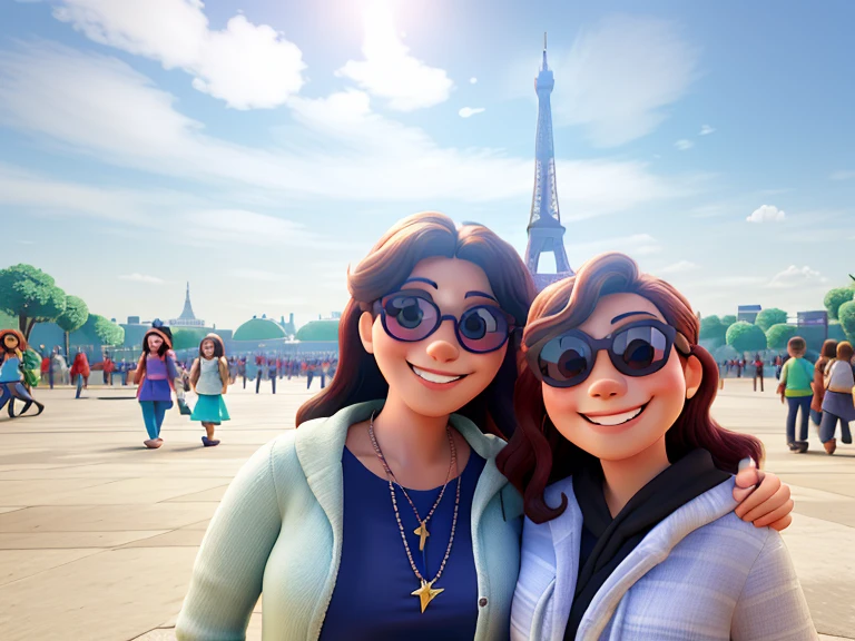 Mother and daughter with sunglasses happy and smiling, com a torre Eiffel de fundo, no estilo Disney Pixar, with vibrant colors and focus on expressions, alta qualidade, melhor qualidade.