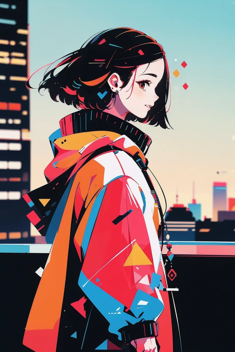 mulher de cabelos pretos estilo cyberpunk, cidade de fundo de noite, rabo de cavalo baixo, flor de cabelo, olhos tracejados, sorriso nervoso, action painting, cinematic lighting, brilhar, Anatomicamente Correto, obra de arte, alta qualidade, detalhes altos, melhor qualidade