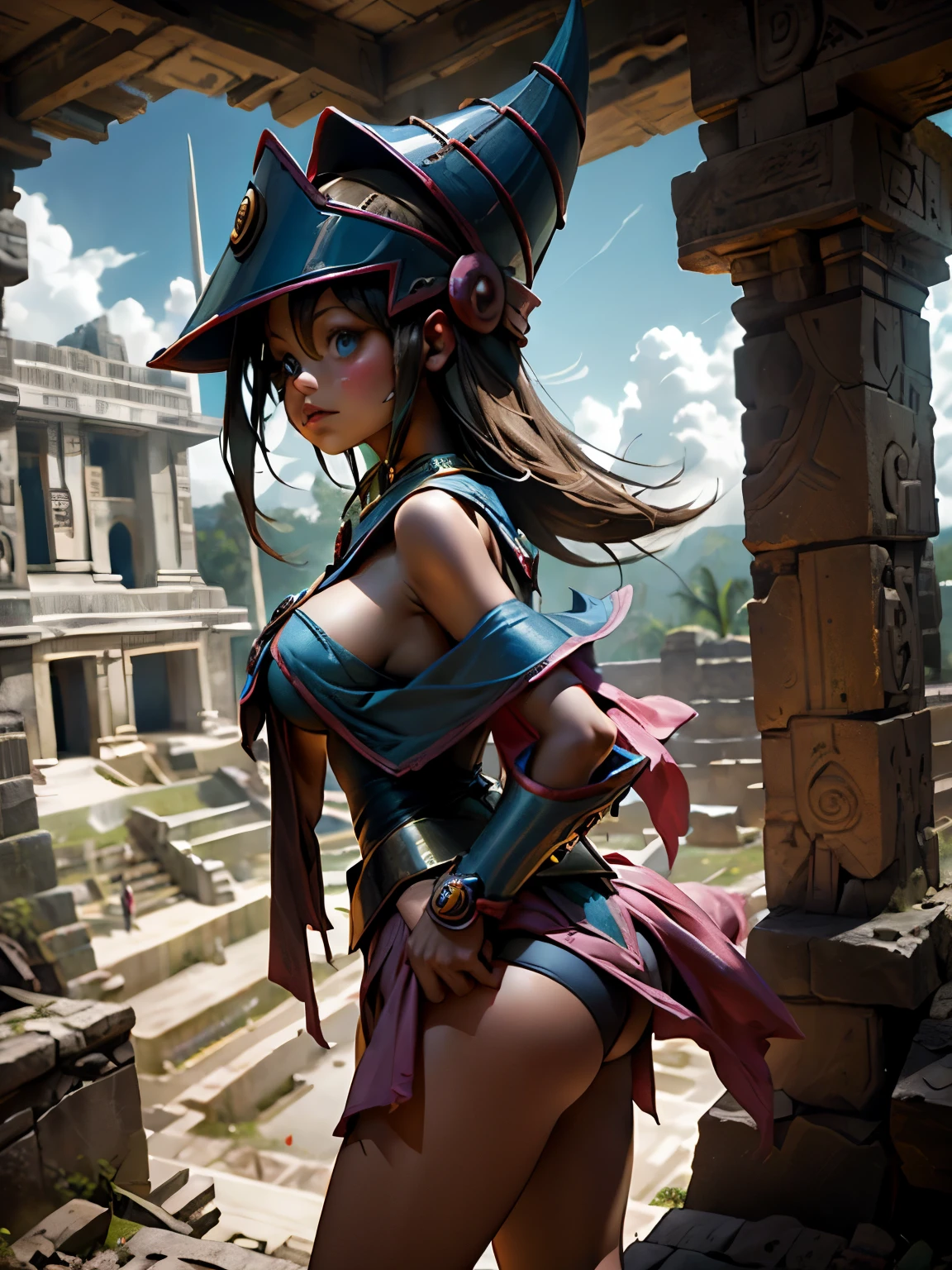 Maga oscura en una ruinas mayas. Ella las sobre vuela. She is in the Aires and sees some Mayan ruins
