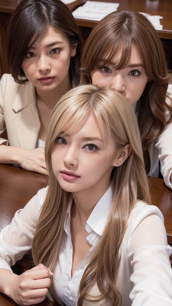 (UHD, masterpiece, anatomically correct, textured skin, super detail, best quality, highres, 8k, bloom, Front Light:1.2, perfect dynamic composition), (24-years-old, 1 person, Cute and sexy high school teacher, sexy face, long face, distant eyes, Gentle eyelids, thin eyebrows, Gentle corners of the eyes, Hawk-like nose:1.4, completely charm you, Eyes that feel erotic, A taste of beautiful eroticism, Too cute beauty), break, absurd, one person's perspective, ((White button-up shirt)), ((Navy blue formal jacket)), (enchanting smile:0.8), (look at the viewer), (long hair, Inward curled hair, bangs, smooth hair), (beige colored hair:1.2), (close up on chest: 1.3), ((very close relationship:1.4)), Medium chest, ((Place your hands on the table:1.2, Facing each other across the table:1.2)), ((in the school library)), (taken from above:1.2), Kitagawa Keiko.