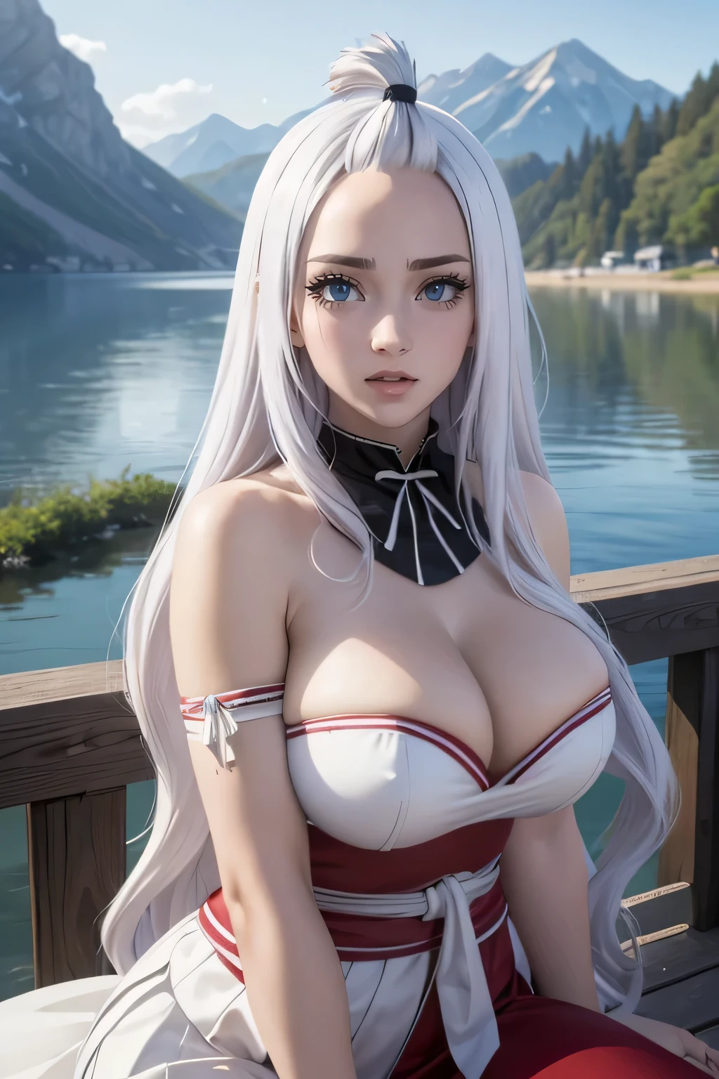 (masterpiece of the highest quality),8K ,realistic ultra,Super Detail,A girl with long white hair sits on a pier next to a lake, Japanese goddess, seductive realistic girl,(beautiful graceful fingers),big breasts, Beautiful face,(beautiful gray eyes),sweet lips alluring ,goddess ,correct anatomy, beautiful realistic-woman, beautiful girl, white-haired deity, Hyper realistic girl in real life, Photorealistic anime, realistic female cosplay, advanced digital realistic art, Japanese fantasy