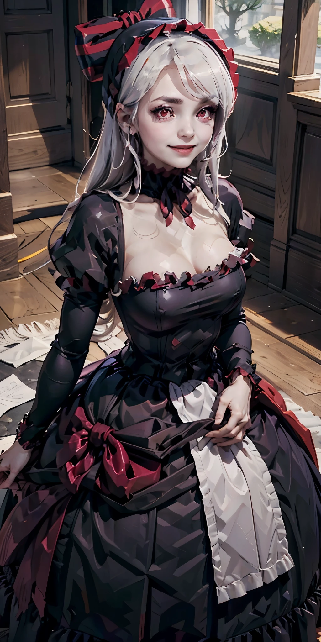 shalltear bloodfallen, casual dress, 1girl, solo, red eyes, smile, dress, long hair