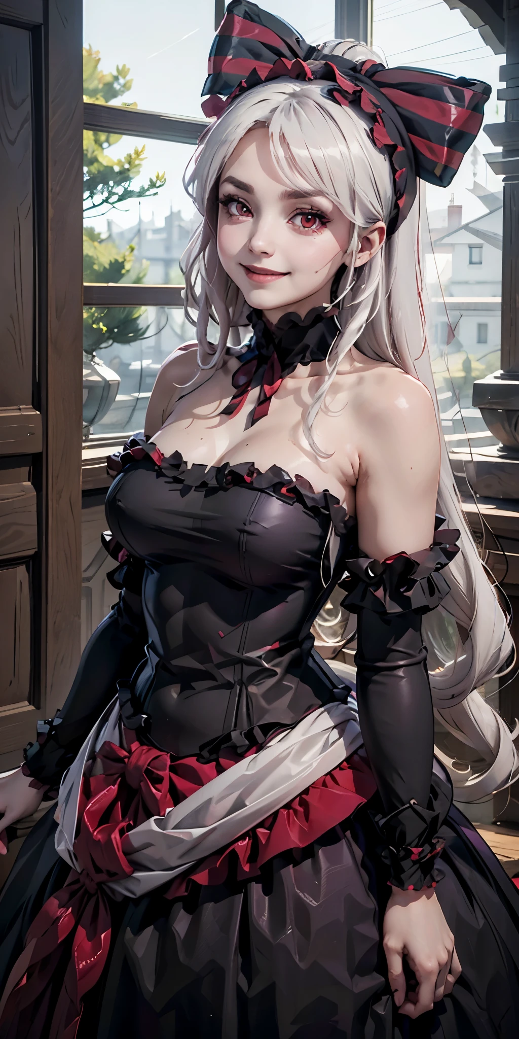 shalltear bloodfallen, casual dress, 1girl, solo, red eyes, smile, dress, long hair