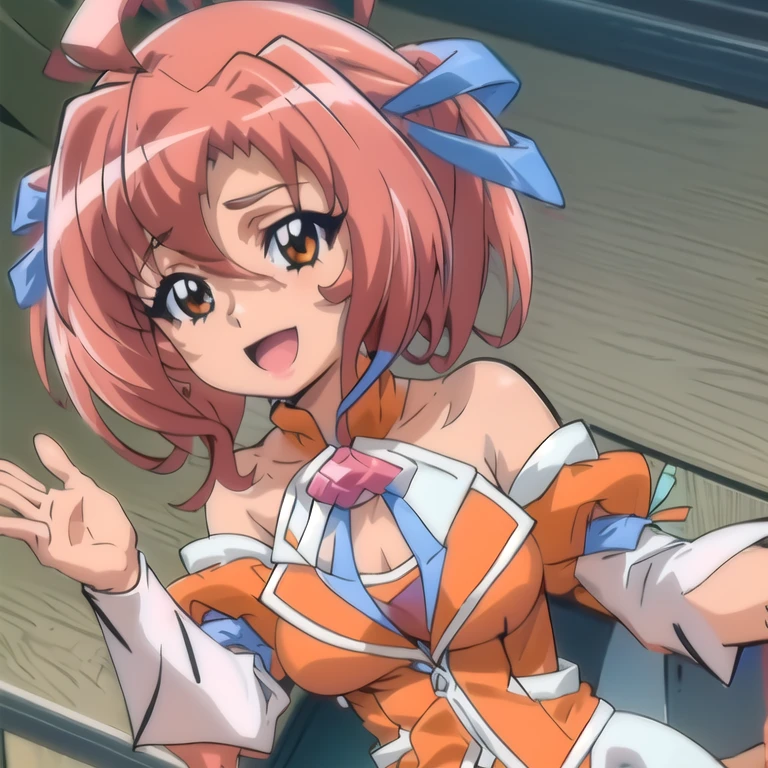 laila april, orange shirt, white skirt, bare bare shoulders, hair ribbon, upper body, ((large breast)), portrait, waving hands, looking at viewer, :d