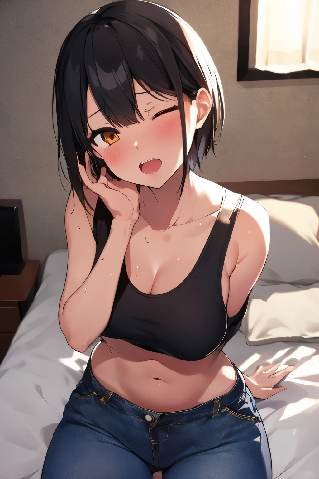 2D,highest quality,(masterpiece),(whole body),Aya Shameimaru,Black Hair,(short hair),1 girl,ear,Healthy brown skin,Shiny skin,Sunburn,(Denim hot pants),Tank top,barefoot,barefoot,Attractive thighs,Butt,Total,Bedroom,On the bed,get drunk,Sweat,Superior,cheeks are bright red,Get a good night's sleep,Sleeping on your stomach,Sleeping face like an angel,Cute with bruises,erotic,I feel it,Denim hot pants,night,Breathe heavily,Sexy as a little devil,I love you