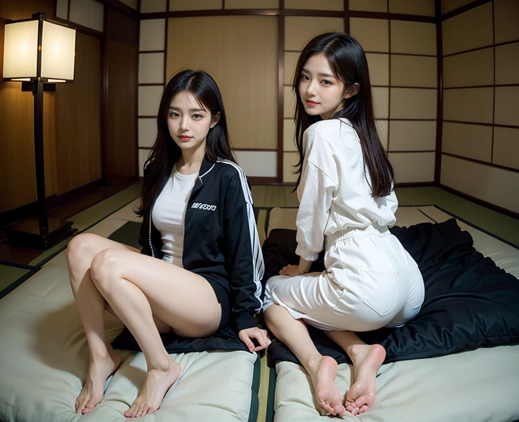 ((Backwards:1.8, Butt facing the camera:1.8, Japanese-style room in a ryokan:1.8, Sleeping on a futon:1.5)), (()),((Tracksuits:1.8, barefoot:1.5)), (smile:1.5), Erect nipples, 1 girl, alone, 7 Head to Body, Ideal body proportions, Black Hair, With bangs, Small breasts, thin, ((Round ass)), Beautiful legs, thin脚, Surrealism, Cinema Lighting, Depth of written border, First Person View, 胸F/1.8, 155mm, Ticker, Pieces fly, Collect and organize, ((Anatomically correct:1.3)), Textured skin, Super Detail, Attention to detail, high quality, Awards, 最high quality, High resolution, 8k