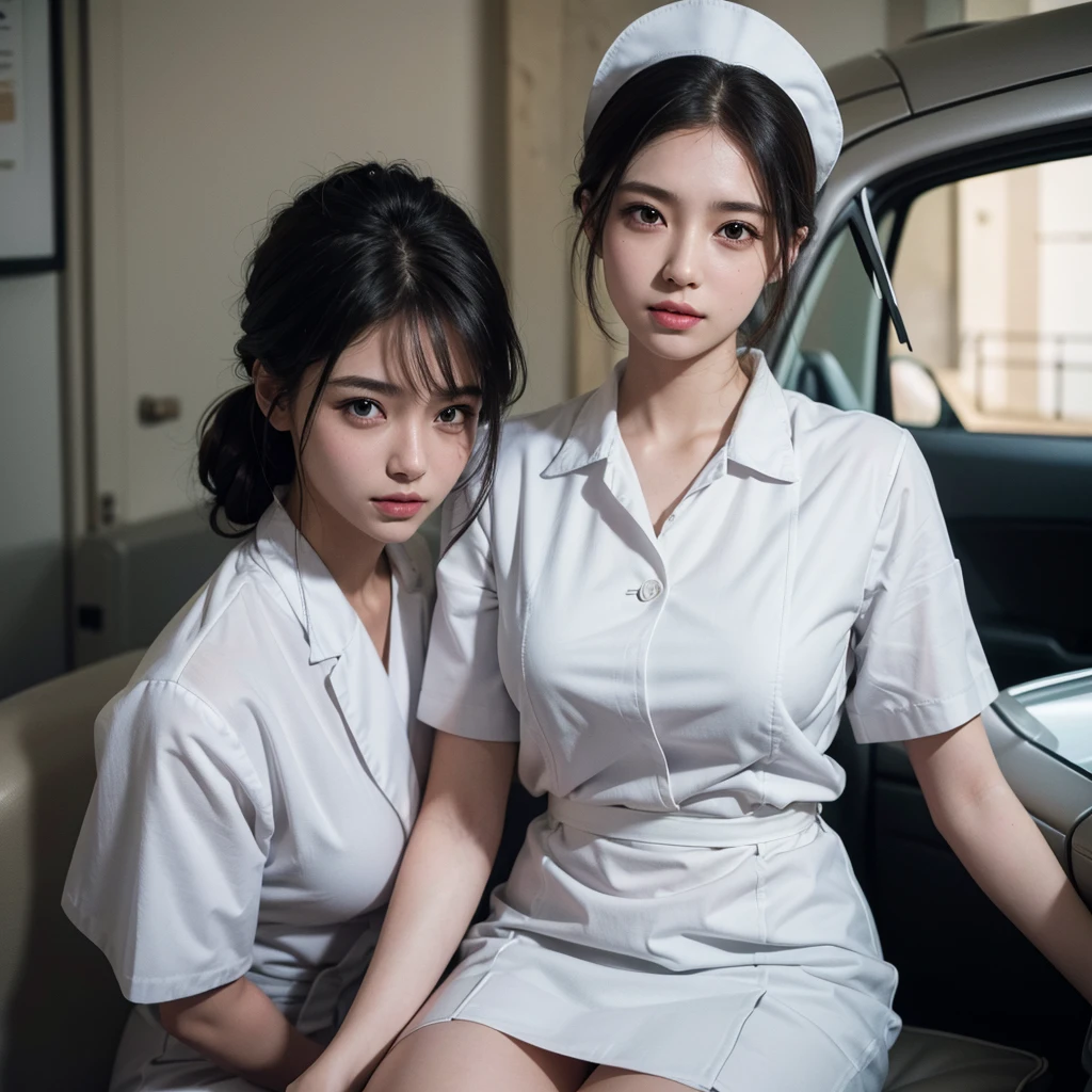 1 girl,(Wearing white nurse clothes:1.2),(RAW Photos, highest quality), (Realistic, photo-Realistic:1.4), masterpiece, Very delicate and beautiful, Very detailed, wonderful, finely, Very detailed CG unity 8k wallpaper, High resolution, Soft Light, realistic detailed eyes and face, car mechanic uniform, Black Hair, Upstyle, 