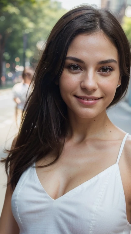 RAW photos, camera gaze, ((top quality, 8k, masterpiece: 1.3)), sharp focus: 1.2, white shirt, pretty features, best smile, cute smile, beautiful woman in perfect style: 1.4, slender abs: 1.2, dark brown hair, (natural light, city street: 1.1), highly detailed face and skin texture, detailed eyes, double eyelids