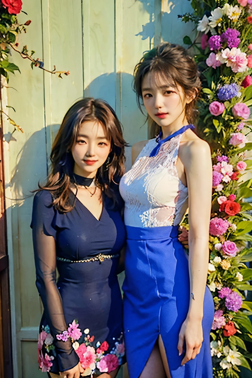 Two Korean beauties standing in front of a flower wall in full bloom, 