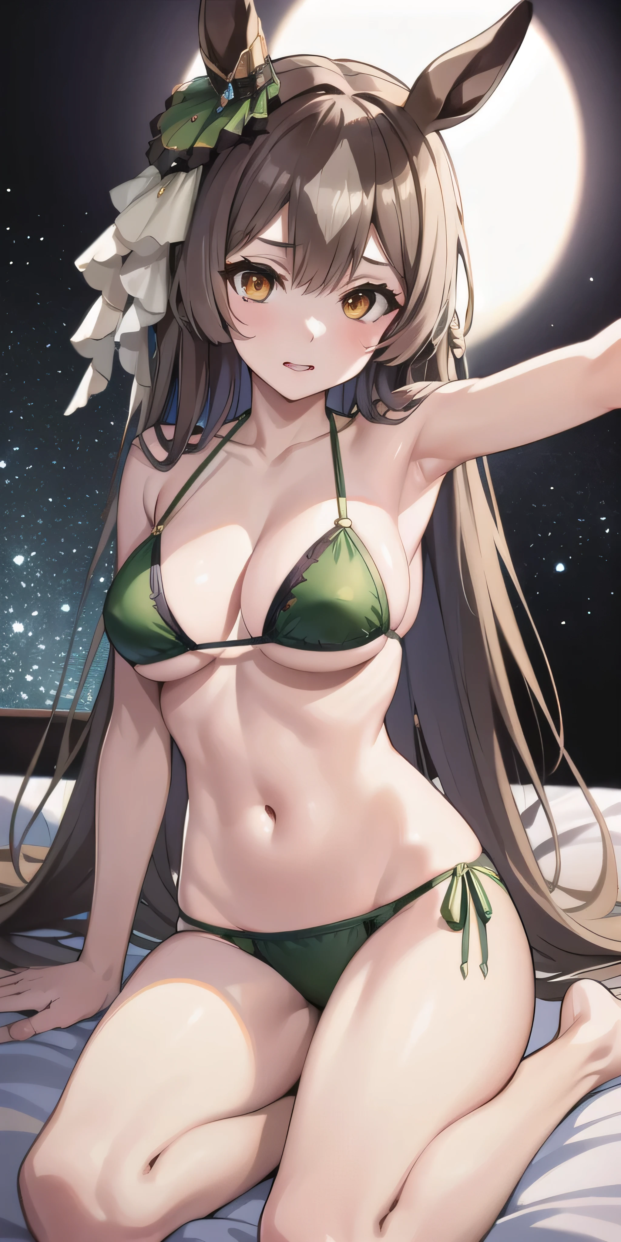 masterpiece, highest quality, close, Face shot, \(Umamusume\),((Dark green metallic ultra micro bikini))、sit、Leg spread、semen、Mansuji、On the bed、Low - Angle、(((Grown body、Big Breasts)))、Nightclub、Lewd face