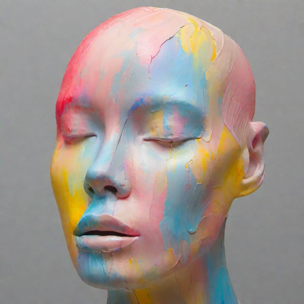 A realistic and detailed painting of an sculptural mannequin head, with skin that has been painted in pastel colors. The color palette includes soft pinks, blues, yellows, and reds, creating a harmonious blend that suggests the beauty found within nature's spectrum. This artwork is presented against a gray background to emphasize its artistic quality.