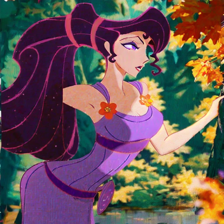 (masterpiece, best quality:1.2), 1girl, solo, brunette hair, long hair, purple eyes, purple dress, Megara, animation style, ponytail, makeup