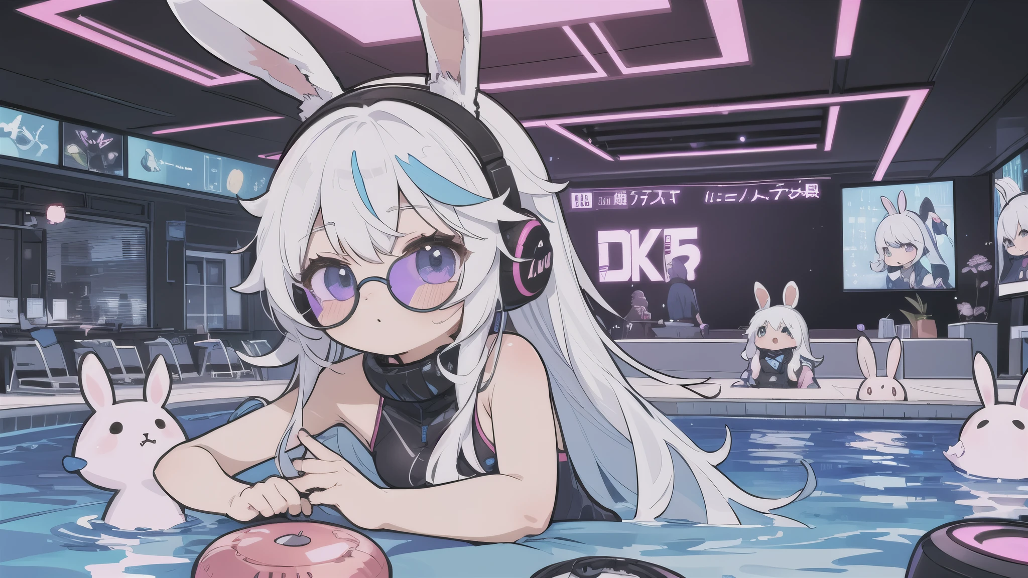 Fantasy poolside,Anime white hair girl with headphones, wearing rabbit ears,cyberpunk outfit,Part cyborg body,Party night with colorful lights, Futuristic Disco, A pair of colorful sunglasses, Cute stuffed rabbit, Cute art style, Anime Style 4k, Futuristic Speaker,Vivid Color