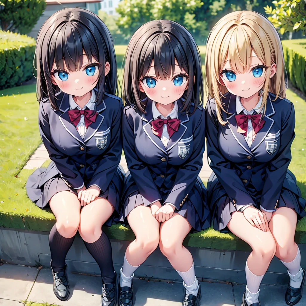 Three Girls，Three uniformed junior high school girls are sitting on the edge of the schoolyard.、Draw a picture on a drawing board，smile，photograph，8k，High resolution，The best texture， --v6