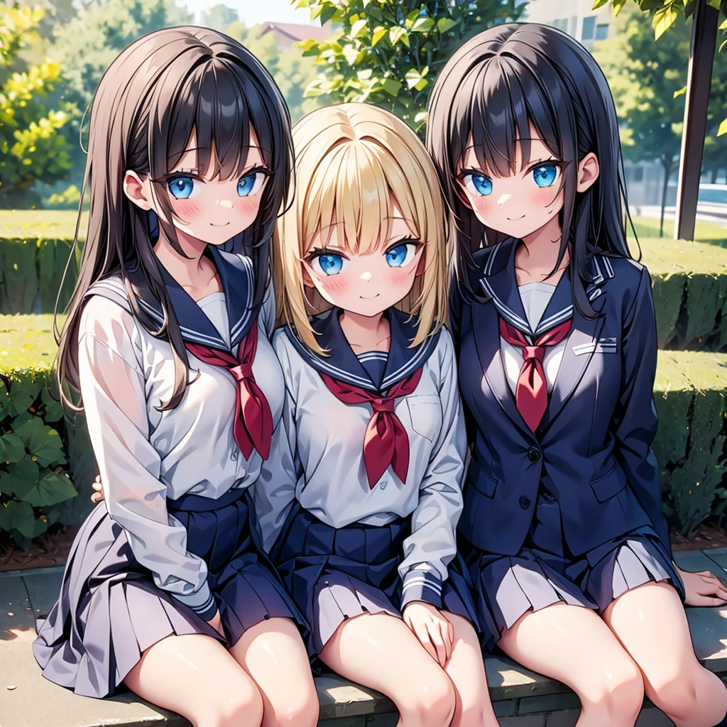 Three Girls，Three uniformed junior high school girls are sitting on the edge of the schoolyard.、Draw a picture on a drawing board，smile，photograph，8k，High resolution，The best texture， --v6