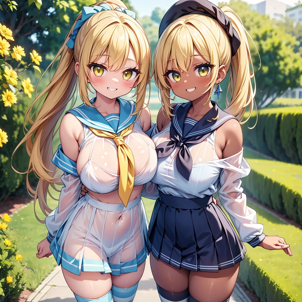 highest quality,wonderful,finely,extremely detailed CG Unity 8K wallpaper, (2 Girls,blonde, Yellow Eyes, Low Ponytail, Scrunchie, Earrings、Wicked Smile), (Grin:1.1), ((Brown Skin:1.2), (light blue striped bra:1.2), (see-through:1.3), (huge breasts:1.1),(off-shoulder sailor uniform:1.3), (zettai ryouiki:1.4)