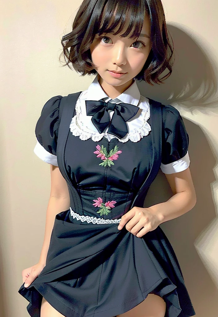 Browsing Caution, RAW Photos, highest quality, High resolution, Realistic, Young Japanese Girl, , (Multiple Girls), whole body, blank, poker face, Expressionless, model, Large Breasts, short hair, Wavy Hair, Curly Hair, Grey Hair, Silver Hair, Light brown hair, Are standing, Hollow Eyes, Hollow Eyes, ((Thin thighs)), Diagonal bangs, Cute face, Shiny skin, Beautiful body, Beautiful Skin, concentrated , Naked from below, (school uniform, Lead Bowtie, Black apron dress, Corsets with attention to detail, Gothic, Ruffled Dress, Beautiful embroidery, (Long skirt:1.2):1.4), (Use your hands to lift up your skirt:1.3) indicate, underwear, simple underwear,