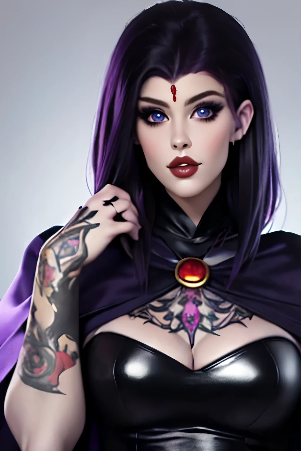 (melhor qualidade, 8k, 32K, obra de arte, Ultra HD:1.3), (Photo of Attractive Caucasian Gothic Model Woman with Tattoos), 1 garota fazendo cosplay de Raven, Maquiagem pesada ,  cape, gargantilha,very pale skin,rosto ultra detalhado, detailed lips, belos olhos, Batom preto, belos olhos, Palpebras duplas, curvy, chubby, rosto gordinho