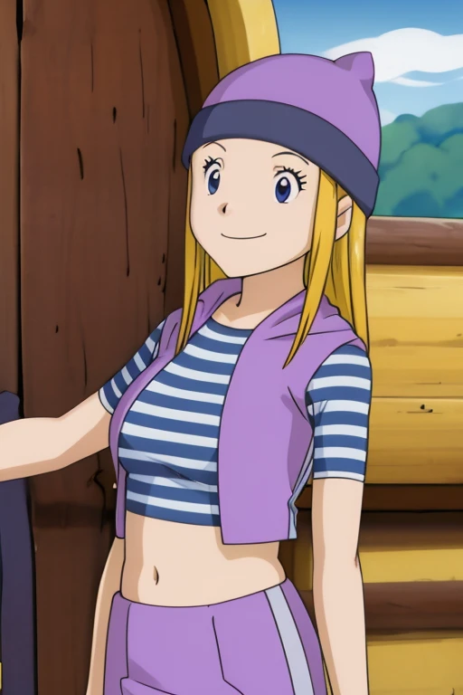 zoe orimoto, purple beanie, purple vest, purple skirt, blue white striped shirt, midriff, blond hair, smile, ((large breast)), train background