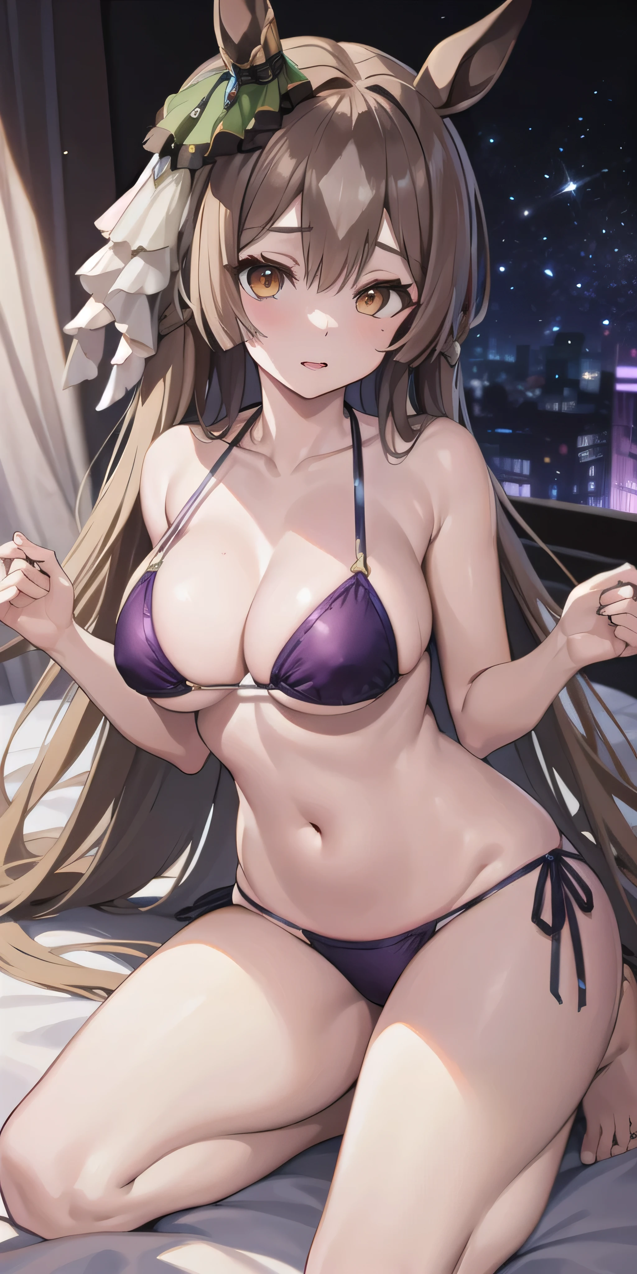 masterpiece, highest quality, close, Face shot, \(Umamusume\),((Dark purple metallic ultra micro bikini))、sit、Leg spread、semen、Mansuji、On the bed、Low - Angle、(((Grown body、Big Breasts)))、Nightclub、Lewd face