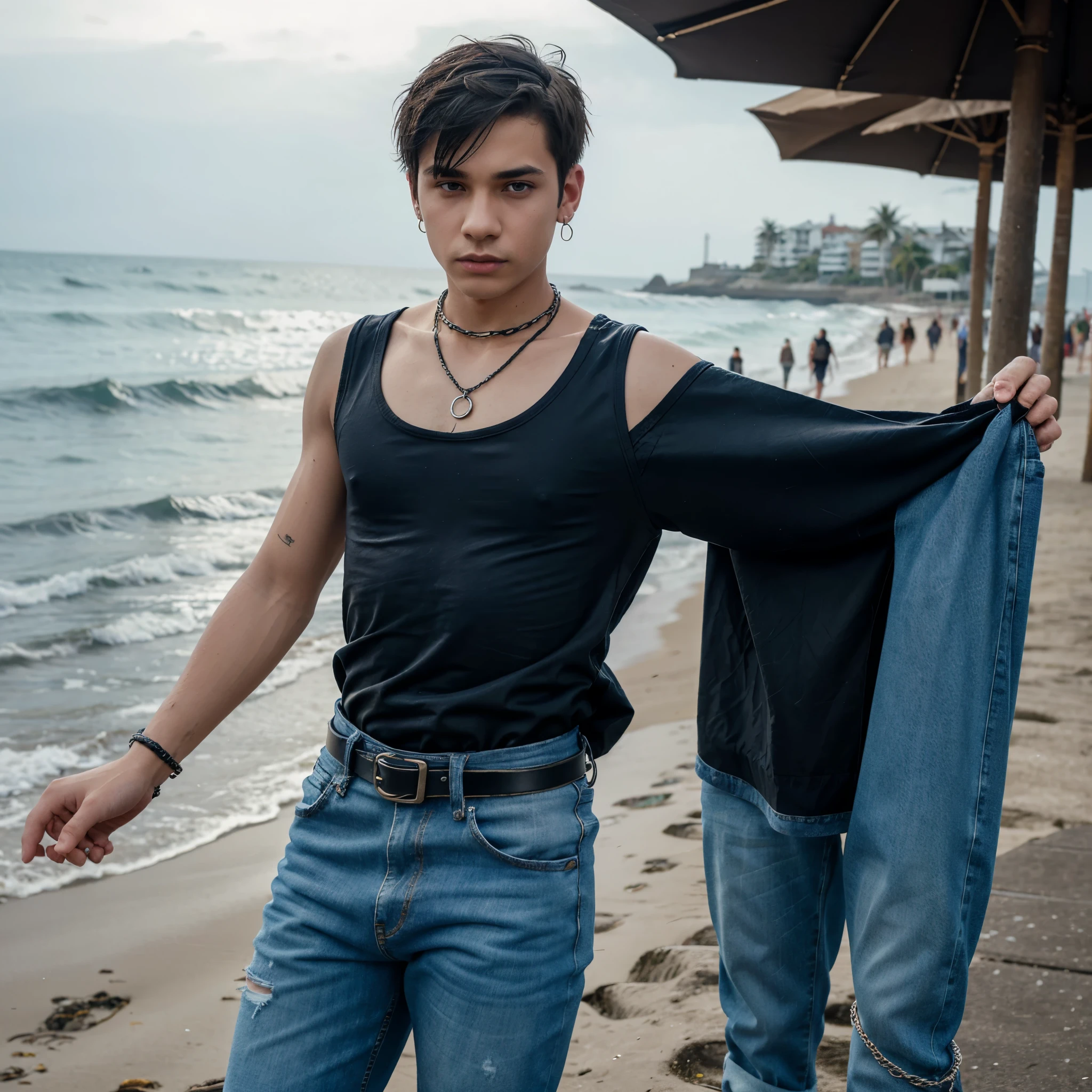 boy with cloths, can see body through tight and translusant fabric, low waist jeans, earing in right ear, chain on neck, leather belt on whirst, emo boy look, sea behind in blur, other people in beach costume behind him in blur