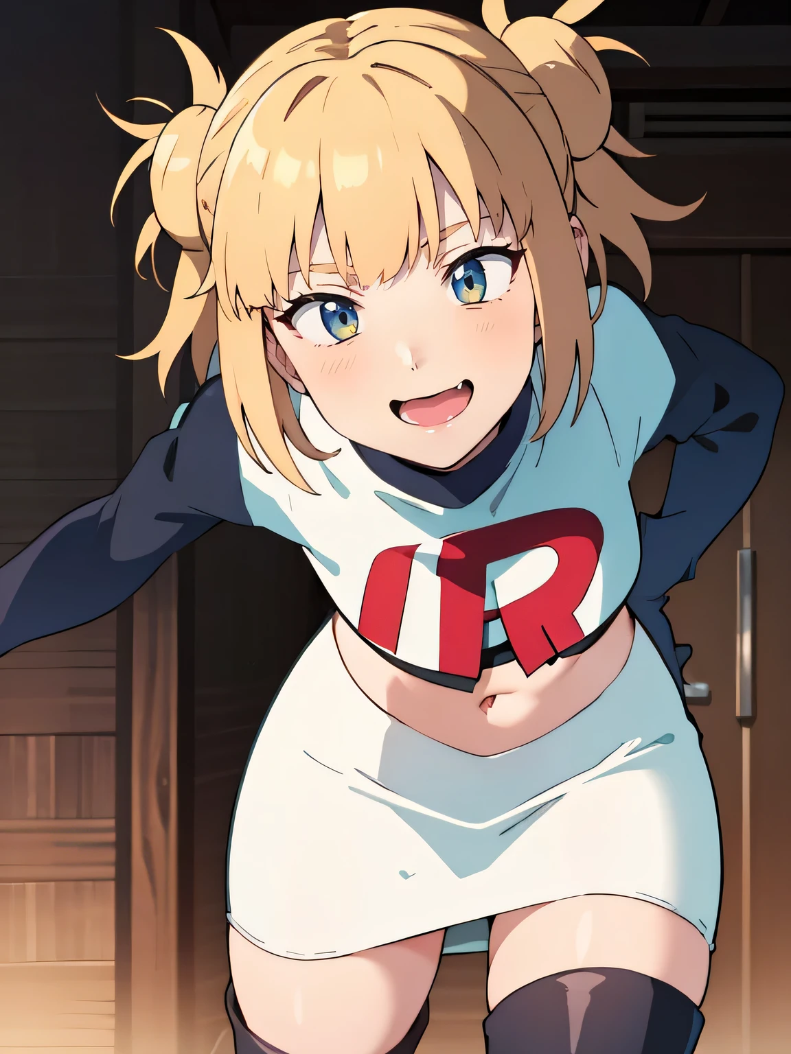 (best quality,4k,8k,highres,masterpiece:1.2),ultra-detailed,realistic,photorealistic:1.37, vibrant colors, studio lighting, bokeh, portrait,toga himiko,team rocket, team rocket uniform, red letter R, seductive smile, white skirt, white crop top, black thigh-high boots, black elbow gloves,zettai ryouiki