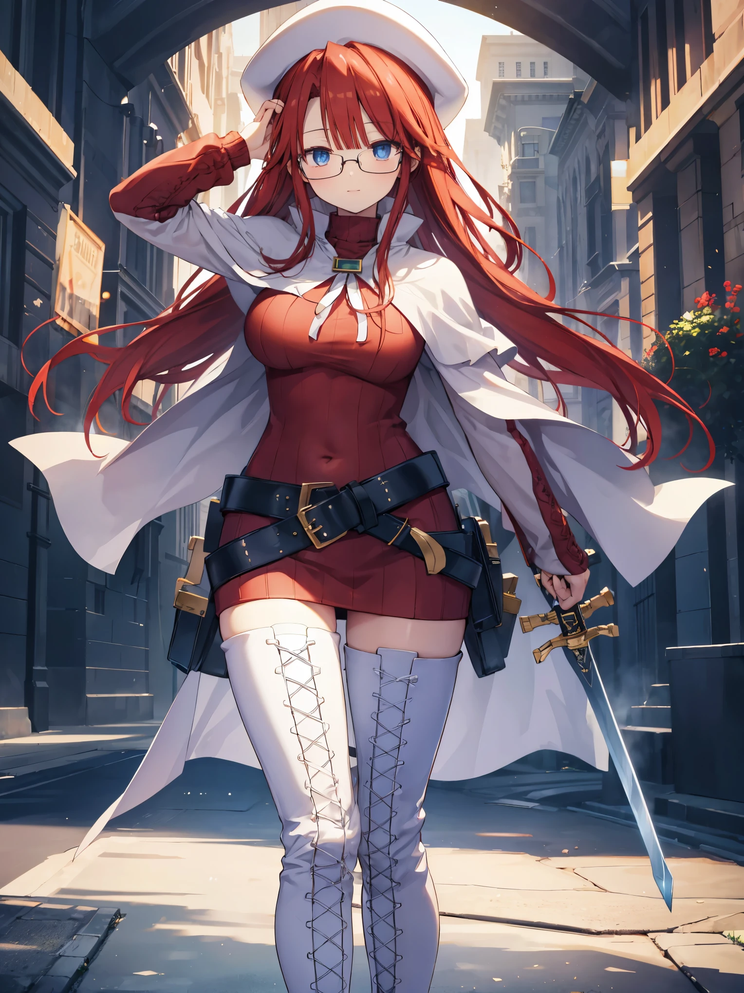 A woman in a red dress and white hat holding a sword - SeaArt AI