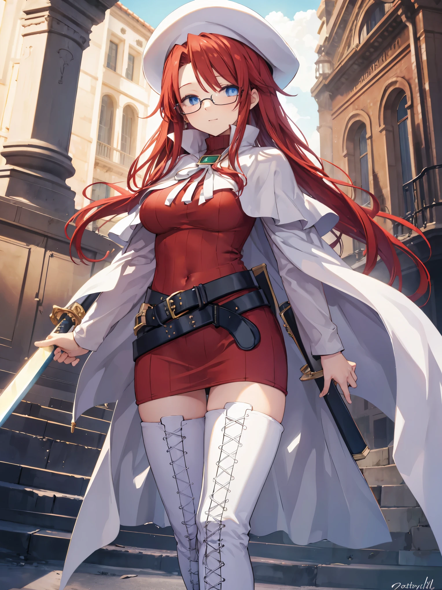summonnightaty, aty, long hair, blue eyes, red hair, beret, hat, glasses,
BREAK long hair, thighhighs, hat, dress, boots, glasses, belt, cape, sweater, zettai ryouiki, beret, thigh boots, white footwear, ribbed sweater, loose belt,solo,
BREAK outdoors, fantasy,on_a_ship,
BREAK (masterpiece:1.2), best quality, high resolution, unity 8k wallpaper, (illustration:0.8), (beautiful detailed eyes:1.6), extremely detailed face, perfect lighting, extremely detailed CG, (perfect hands, perfect anatomy),covered_nipples,covered_navel,light_smile ,(half_eyes:1.4),long_sword,edge,armpit,sleepy,dynamic_standing,red_sweater,apart_legs,magical_effect,pulmp,big_tits,light_open_mouth,prepare_a_sword