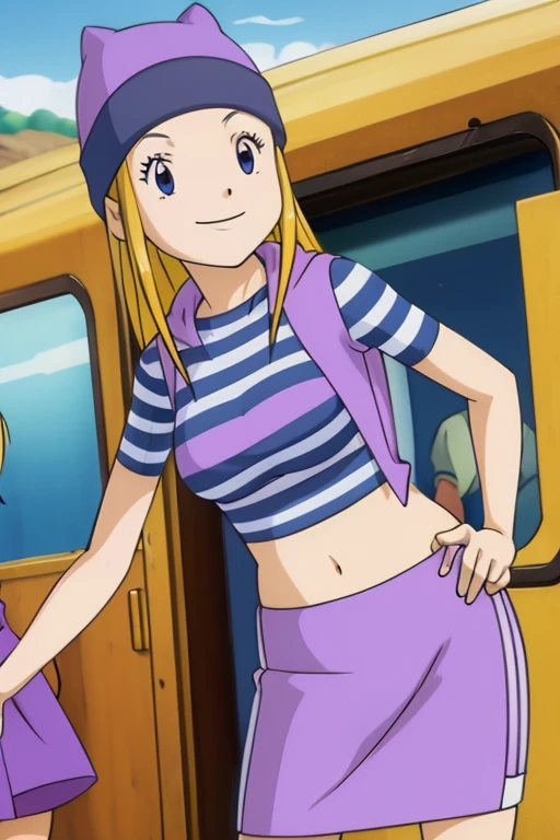 zoe orimoto, purple beanie, purple vest, purple skirt, blue white striped shirt, midriff, blond hair, smile, ((large breast)), train background