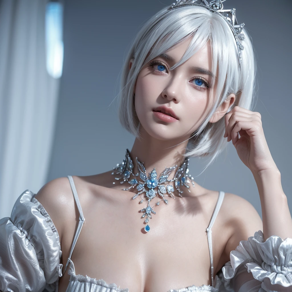 White hair, um close de uma pessoa com cabelo curto e uma tiara, 2b, 2b, Nier 2b, 2b Nier automata, ciborgue - garota com cabelo prateado, cabelo prateado, Nier autoamata, Nier, garota de cabelo prateado, com cabelo branco curto, com rosto muito detalhado, cabelos prateados, Nier : inspired automatons, Surrealism, 8k, super detail, blue crystal eyes : short hair, bangs. Short hair.