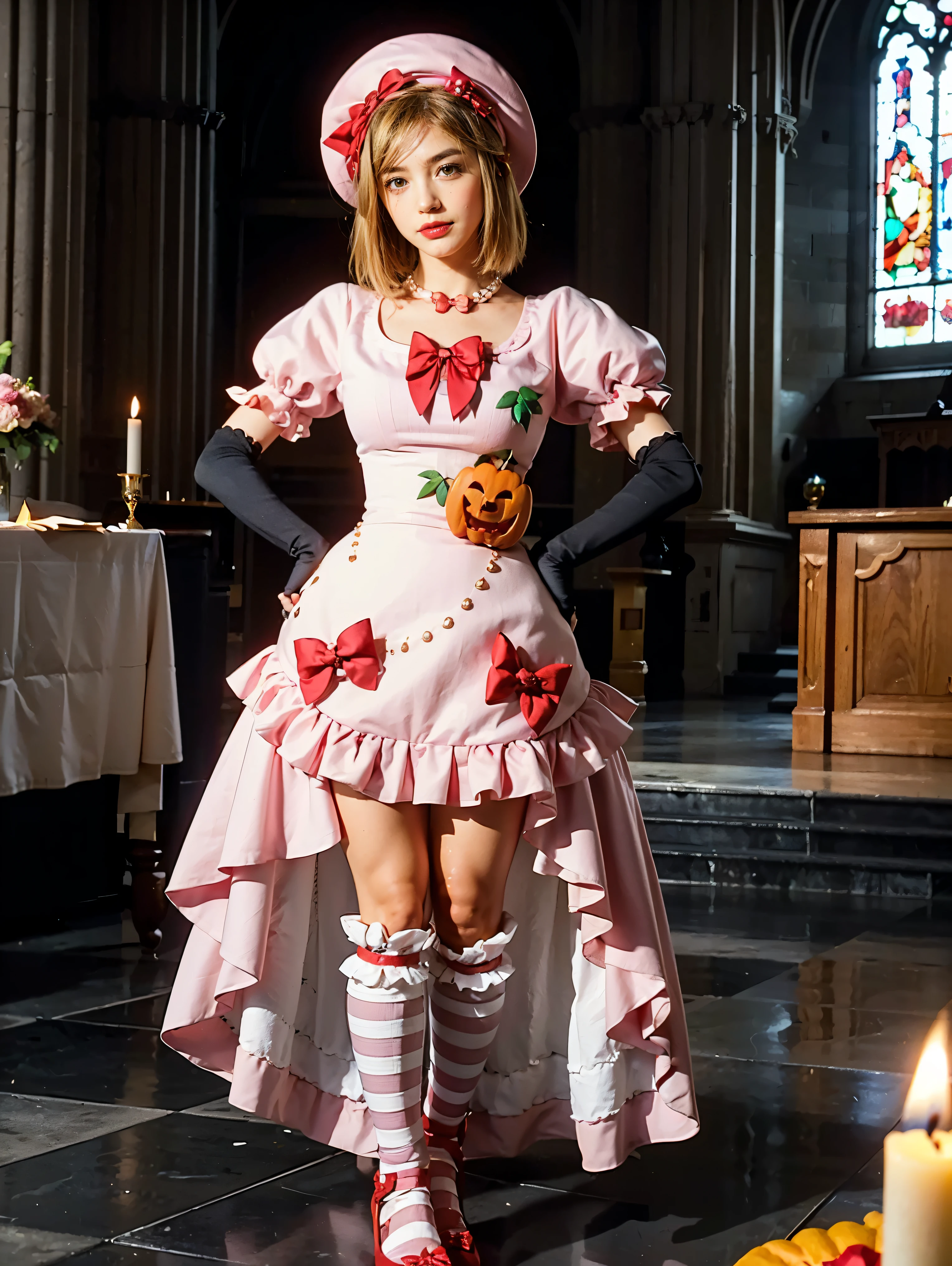 (1 lady), The beautiful, (Best quality at best:1.4), (ultra - detailed), (extremely detailed CG unified 16k), gold blonde hair, very detailed, High-definition RAW color photo, professional photoshooting, amazing face and eyes, cosmetics, (amazingly beautiful girl), ((lambdadelta)), ((dress, shoes bow, red shoes, striped stockings, red bow, pink hat, necklace, gloves, pearl, pumpkin brooch, pink dress)), standing, sexyposture,(Dark and stylish cathedral, stained glass, altar, before the altar, candle lights, candle lights:1.3), (look from down), realistic cinematic face, head to feet long wide zoomed out view, full body long view, photorealistic, ((realistic natural blonde hair style, honey eyes)), gorgeous, extremely beautiful face, perfect model beauty, pout mouth, flirting smile, cleavages, city girl, western, shopping in the city, (masterpiece), best quality, high resolution, extremely detailed, blurred background, depth of field, cinematic lighting, amazing legs, high heels, clear and well-cared skin