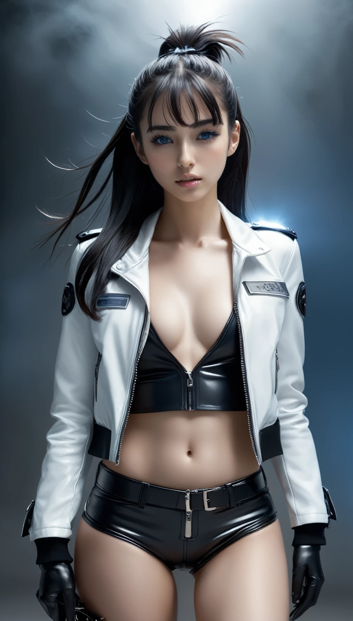 masterpiece, Best Quality, Realistic, Futuristic fashion sexy Gravure portrait,
BREAK
beautiful young woman, ig model, render of april, (wide angle, all body shot, standing:1.6),
BREAK
bold exposure, exuding a sculptural beauty,(ultra slim waist, firm medium breasts, medium buttocks, beautiful sexy legs:1.2), White and beautiful Silky skin, thin and beautiful neck, small head,
BREAK (wide angle, all body shot, standing:1.6),
(White and black military print bodysuit: 1.3), (Sleek black leather belt with futuristic metallic buckle: 1.2), (Low-rise black leather shorts with zipper accents: 1.4), urban vibes, (Chunky black combat Sneaker with silver hardware: 1.5), fierce and bold, (Black fingerless gloves with white LED lights: 1.3), high-tech accessories, (White and black camouflage print bucket hat: 1.3), functionality meets style, embodying the essence of future street-chic fashion,
(in a concrete, fog, mist, Realistic black Shadow) , small head, Detailed face, cute and Pretty slim face, happy, Duck mouth, perfect beautiful Tooth, arranged gray hair, blue eyes, shiny eyes, looking viewer, (wide angle, all body shot, standing:1.6),