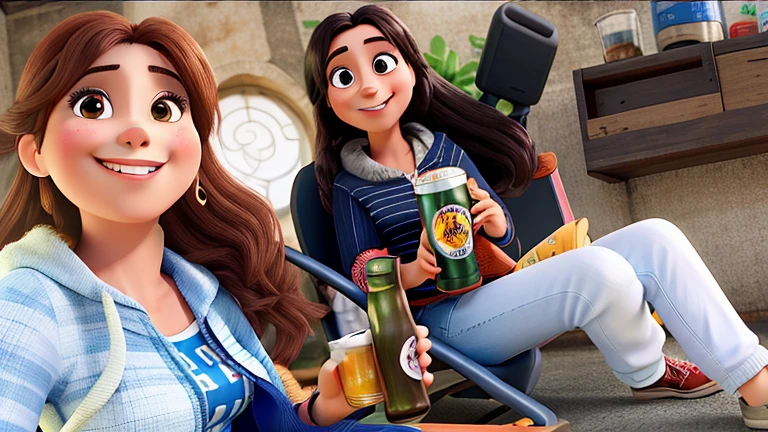 Happy and smiling mother and daughter, sitting with a beer in hand, no estilo Disney Pixar, alta qualidade, melhor qualidade.