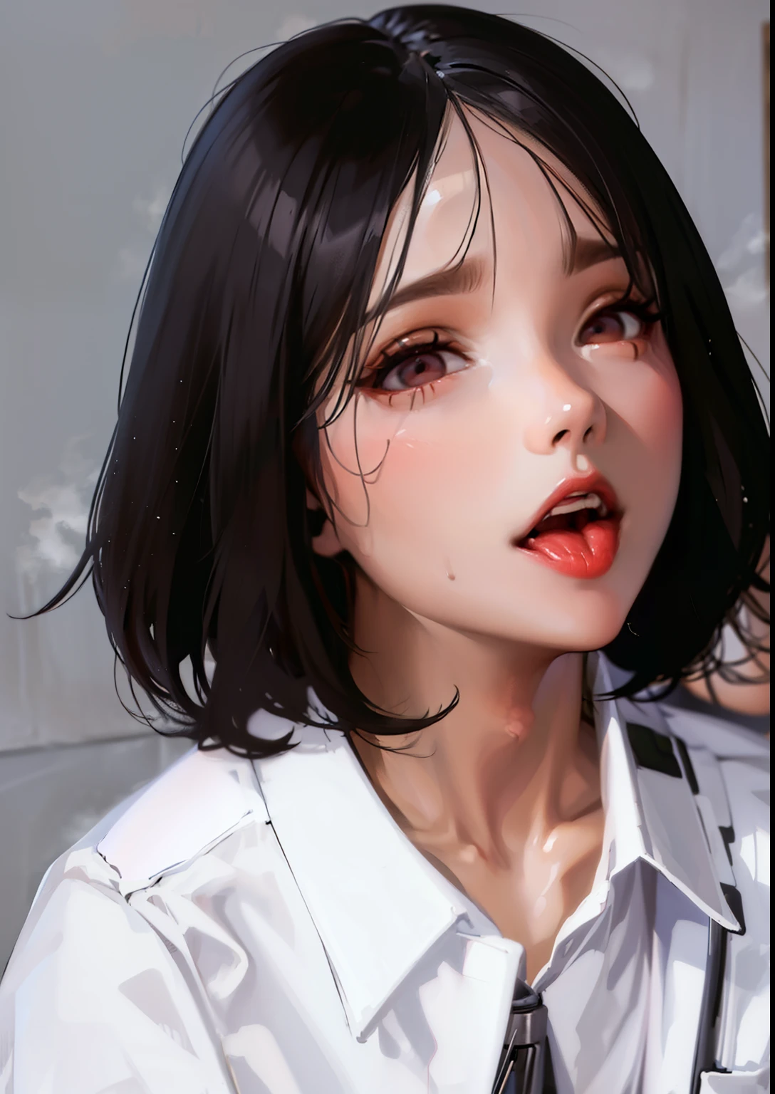 Anime girl with black hair and red lips wearing a white shirt - SeaArt AI
