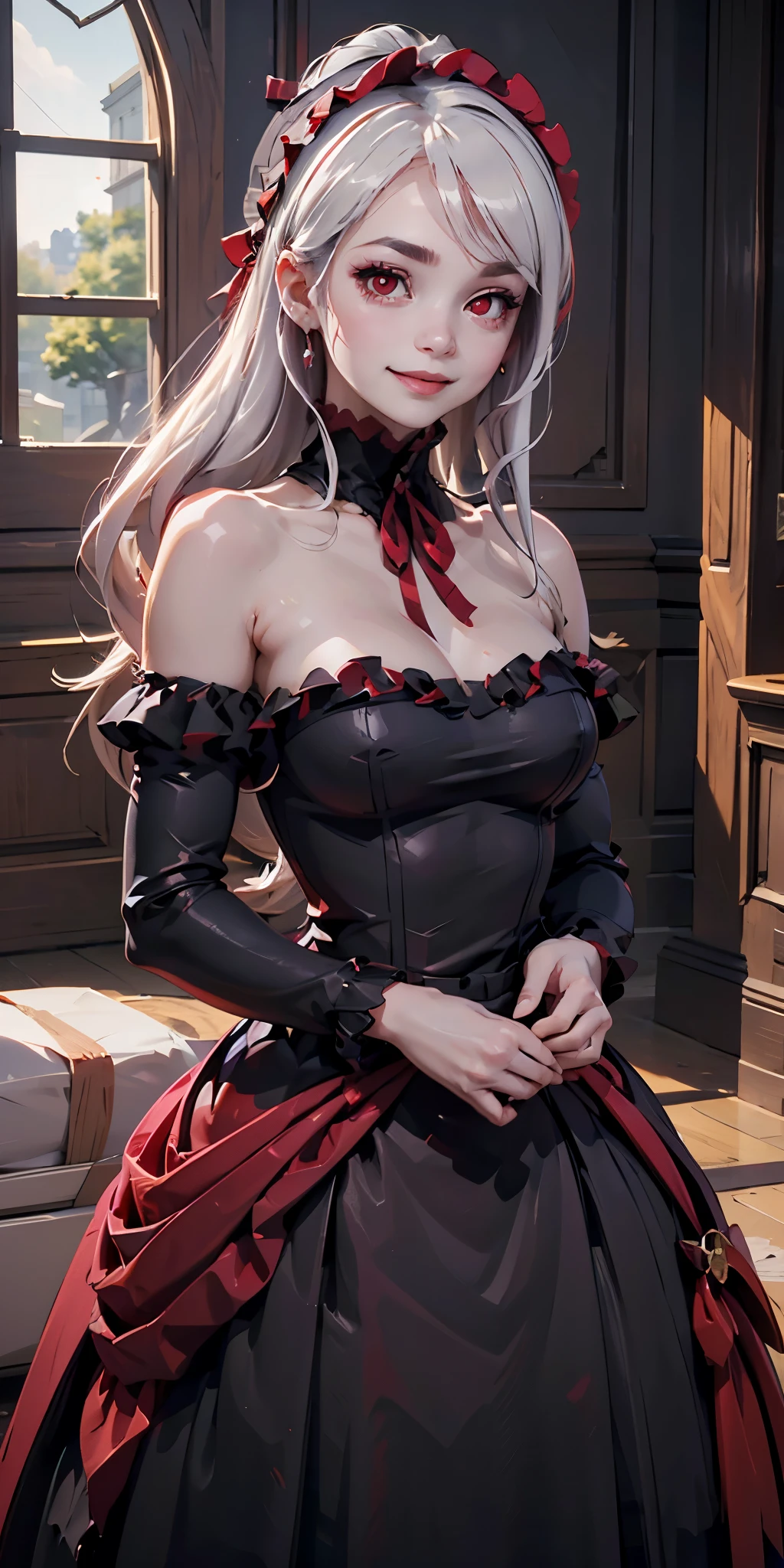 (best quality,4k,8k,highres,masterpiece:1.2),ultra-detailed,(realistic,photorealistic,photo-realistic:1.37),shalltear bloodfallen,casual dress,1girl,solo,red eyes,smile,dress,long hair,beautiful detailed eyes,beautiful detailed lips,extremely detailed eyes and face,long eyelashes,illustration,crimson red dress,floor-length,flowing hair,glowing red eyes,confident smile tips: You can set the material as illustration（illustration），Use a flowing red dress（crimson red dress）And a confident smile（confident smile）Describes a beautiful girl with vampire characteristics（shalltear bloodfallen）。Her long hair（long hair）Fluttering in the wind，Demure smile and red eyes（red eyes）Showed her confidence。Make sure the details are precise（ultra-detailed）And realistic（realistic），High picture quality（best quality） ，All details are clearly visible（sharp focus）。