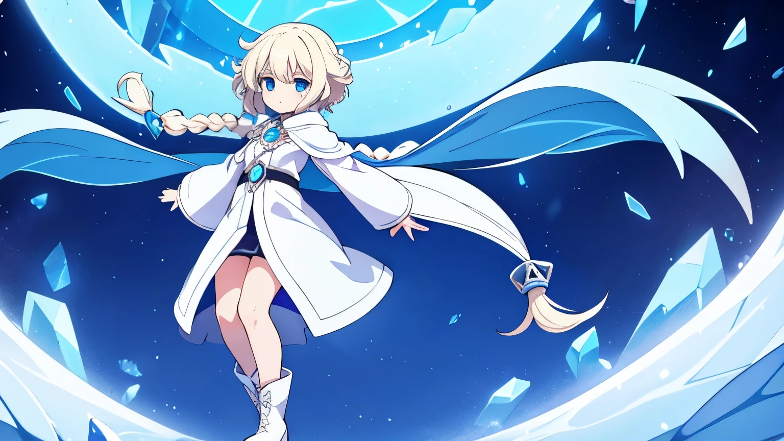 Female Alchemist,Platinum blonde curly short hair,Ice Blue Eyes,One braid with partially long hair,White coat-like clothing,Five-colored gems,Floating in the air,Boots underfoot,Final Boss