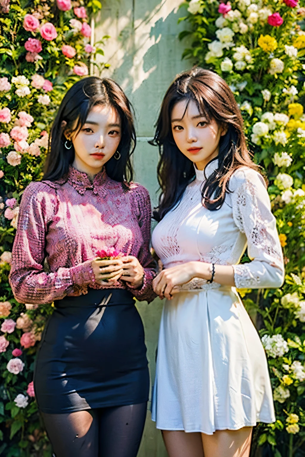 Two Korean beauties standing in front of a flower wall in full bloom, 